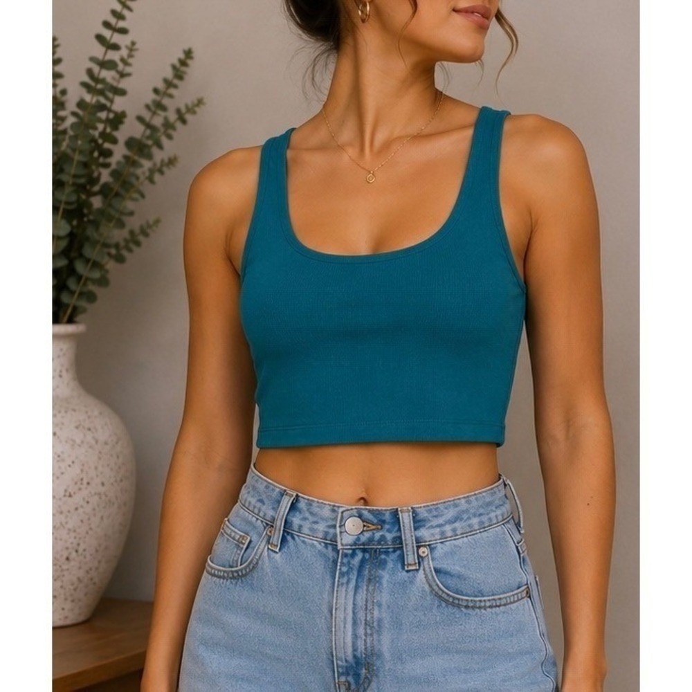 Women's Teal Blue Racerback Scoop Neck Crop Tank Top Size-L